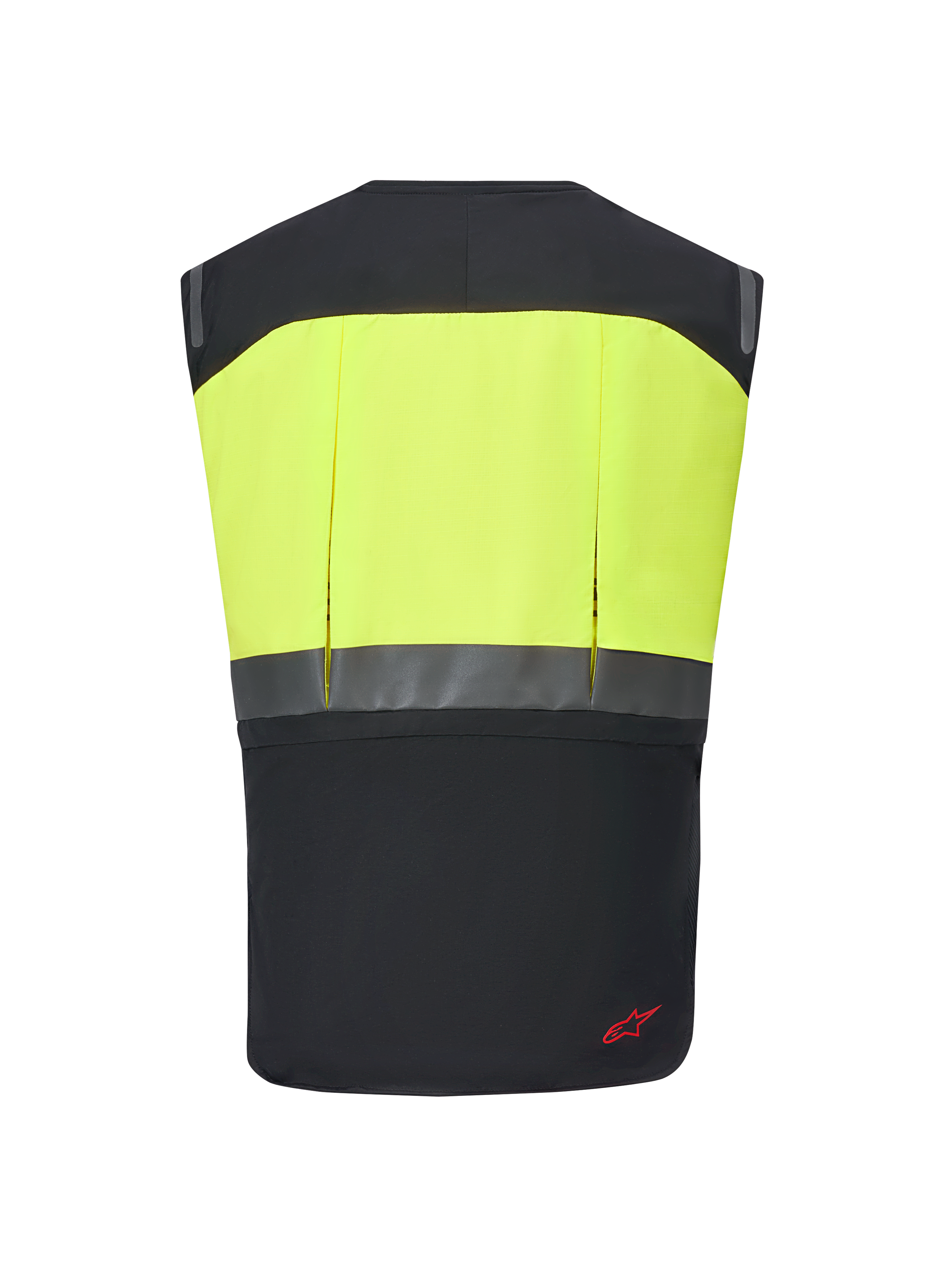 Alpinestars Tech-Air® 3 V2 System, Motorrad-Airbag-Weste, Schwarz und Neongelb, Rückansicht mit neongelbem Oberbereich und reflektierendem horizontalem Streifen, schlanke und leichte Schutzausrüstung für Touren und Pendelfahrten