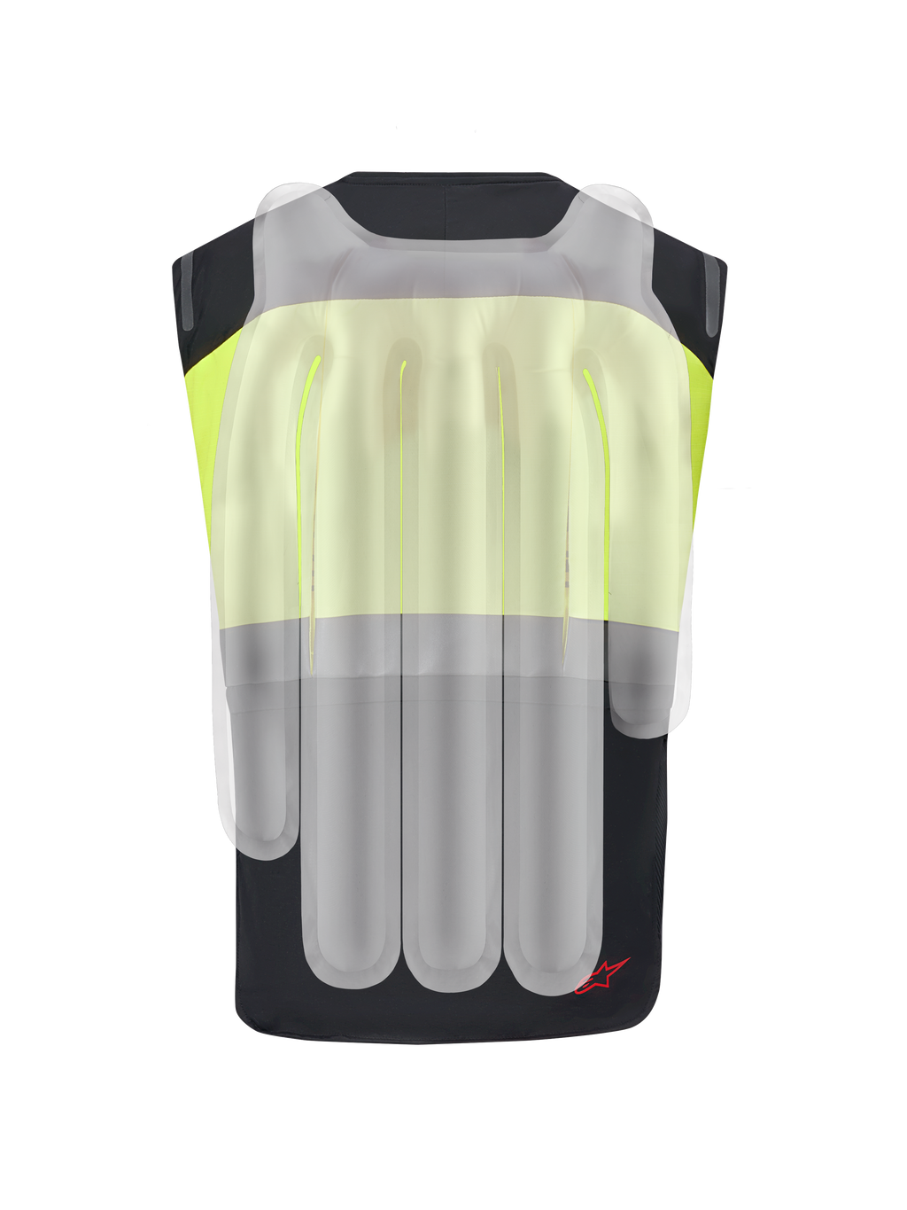Alpinestars Tech-Air® 3 V2 System, Motorrad-Airbag-Weste, Schwarz und Fluo-Gelb, Rückansicht mit einem durchscheinenden Overlay der internen Airbag-Kammern für den Schutz von Wirbelsäule und Schultern