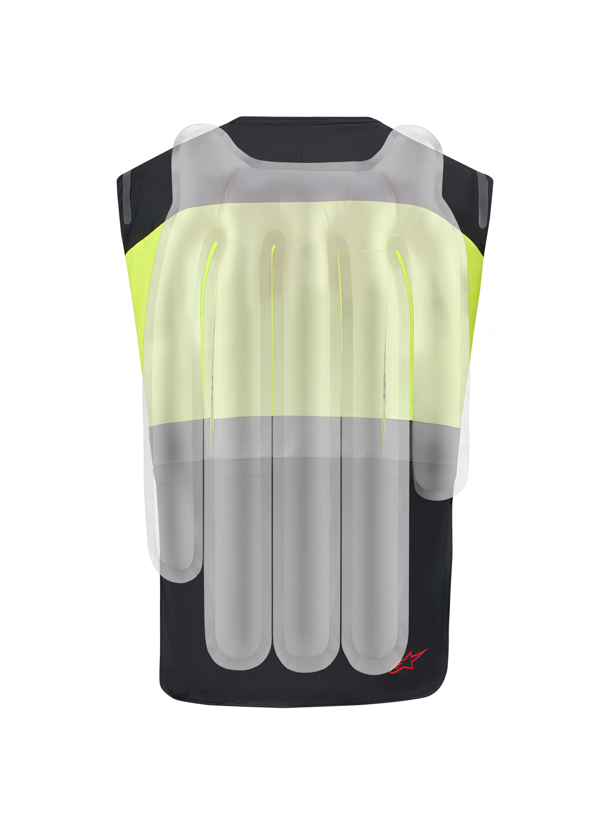 Alpinestars Tech-Air® 3 V2 System, Motorrad-Airbag-Weste, Schwarz und Fluo-Gelb, Rückansicht mit einem durchscheinenden Overlay der internen Airbag-Kammern für den Schutz von Wirbelsäule und Schultern