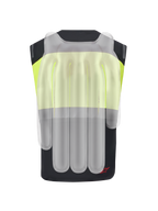 Alpinestars Tech-Air® 3 V2 System, Motorrad-Airbag-Weste, Schwarz und Fluo-Gelb, Rückansicht mit einem durchscheinenden Overlay der internen Airbag-Kammern für den Schutz von Wirbelsäule und Schultern