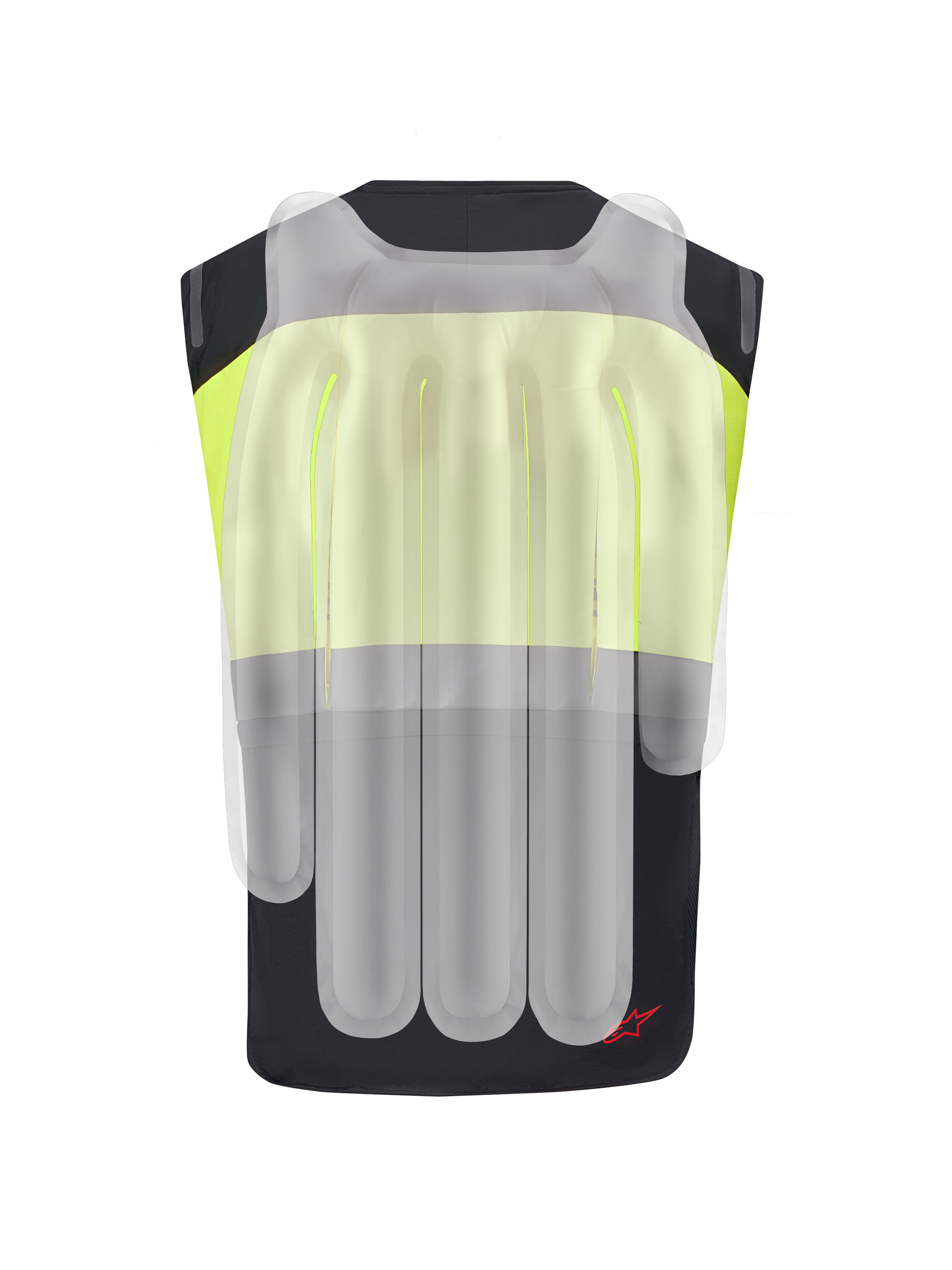 Alpinestars Tech-Air® 3 V2 System, Motorrad-Airbag-Weste, Schwarz und Fluo-Gelb, Rückansicht mit einem durchscheinenden Overlay der internen Airbag-Kammern für den Schutz von Wirbelsäule und Schultern