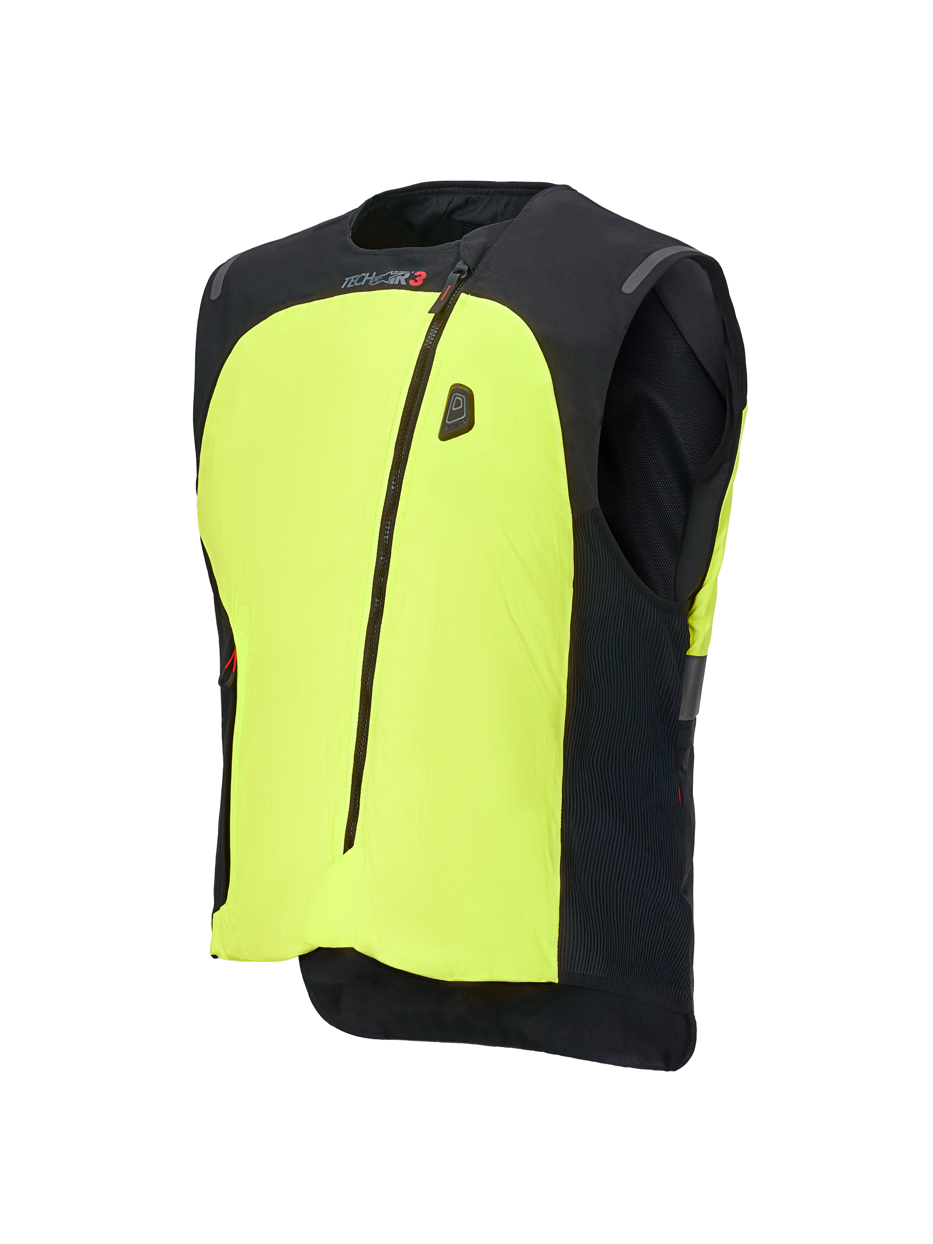 Alpinestars Tech-Air® 3 V2 System, Motorrad-Airbag-Weste, Schwarz und Gelb Fluo, mit auffälligem neongelbem Frontpanel, zentralem Reißverschluss, integrierter LED-Statusanzeige und Tech-Air-Branding, leichter autonomer Airbag-Schutz für den Straßeneinsatz