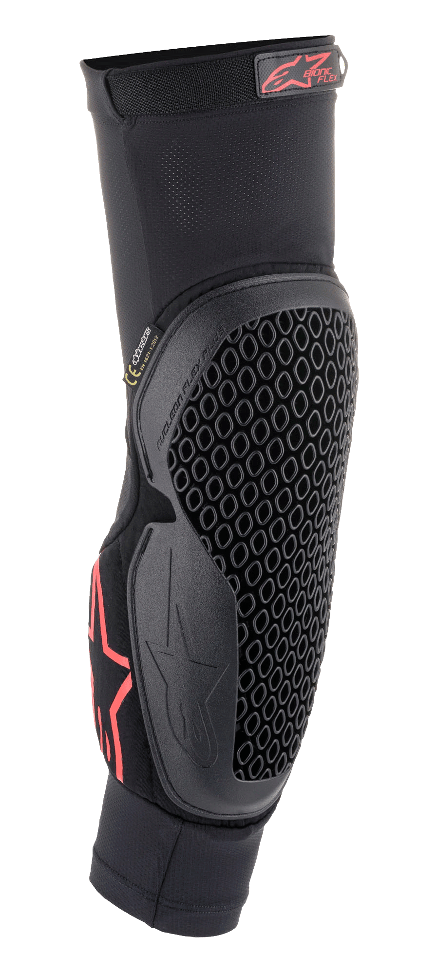 Alpinestars Bionic Flex Elbow Protector, Black and Red, slip-on mesh sleeve with flexible honeycomb Nucleon Flex Technology, red Alpinestars logo, ergonomic off-road motorcycle protection gear