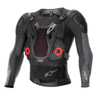 Alpinestars Bionic Plus V2 Protection Jacket, Motocross Body Armor, Black and Anthracite Gray with Red accents, featuring a honeycomb mesh chest protector, padded shoulders and elbows, breathable mesh design for off-road racing