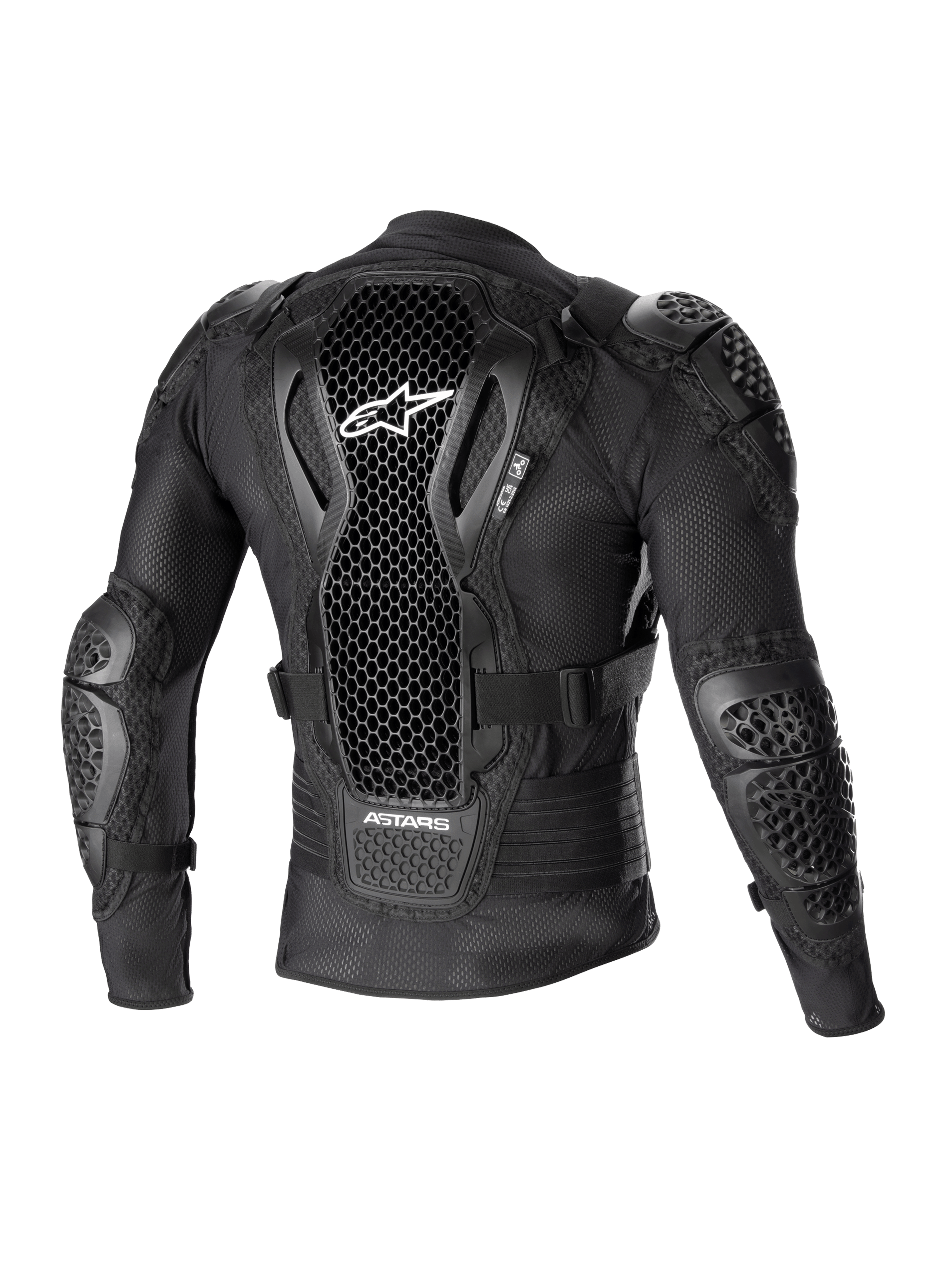 Alpinestars Bionic Action V2 Protection Jacket, Rear View, Black, featuring perforated Cell Technology back protector with white logo, mesh construction with integrated shoulder and elbow armor, designed for motocross and off-road protection