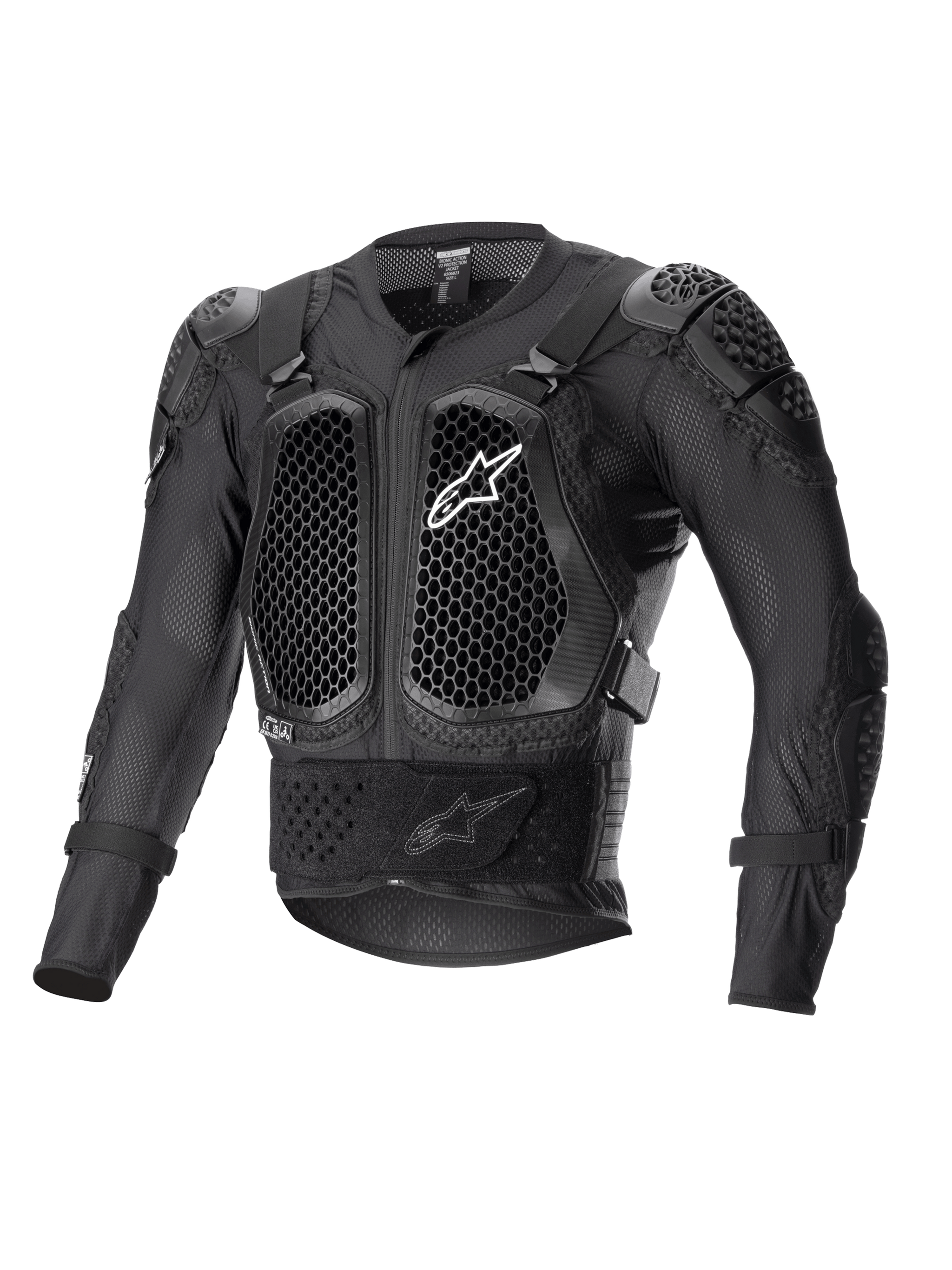 Alpinestars Bionic Action V2 Protection Jacket, Black, featuring honeycomb-patterned Cell Technology chest and elbow protectors, breathable mesh construction, white Alpinestars logo on the chest, off-road motorcycle protective gear