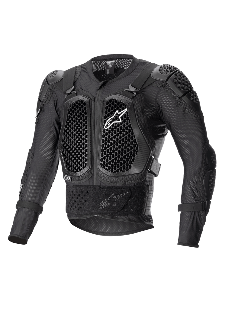 Alpinestars Bionic Action V2 Protection Jacket, Black, featuring honeycomb-patterned Cell Technology chest and elbow protectors, breathable mesh construction, white Alpinestars logo on the chest, off-road motorcycle protective gear