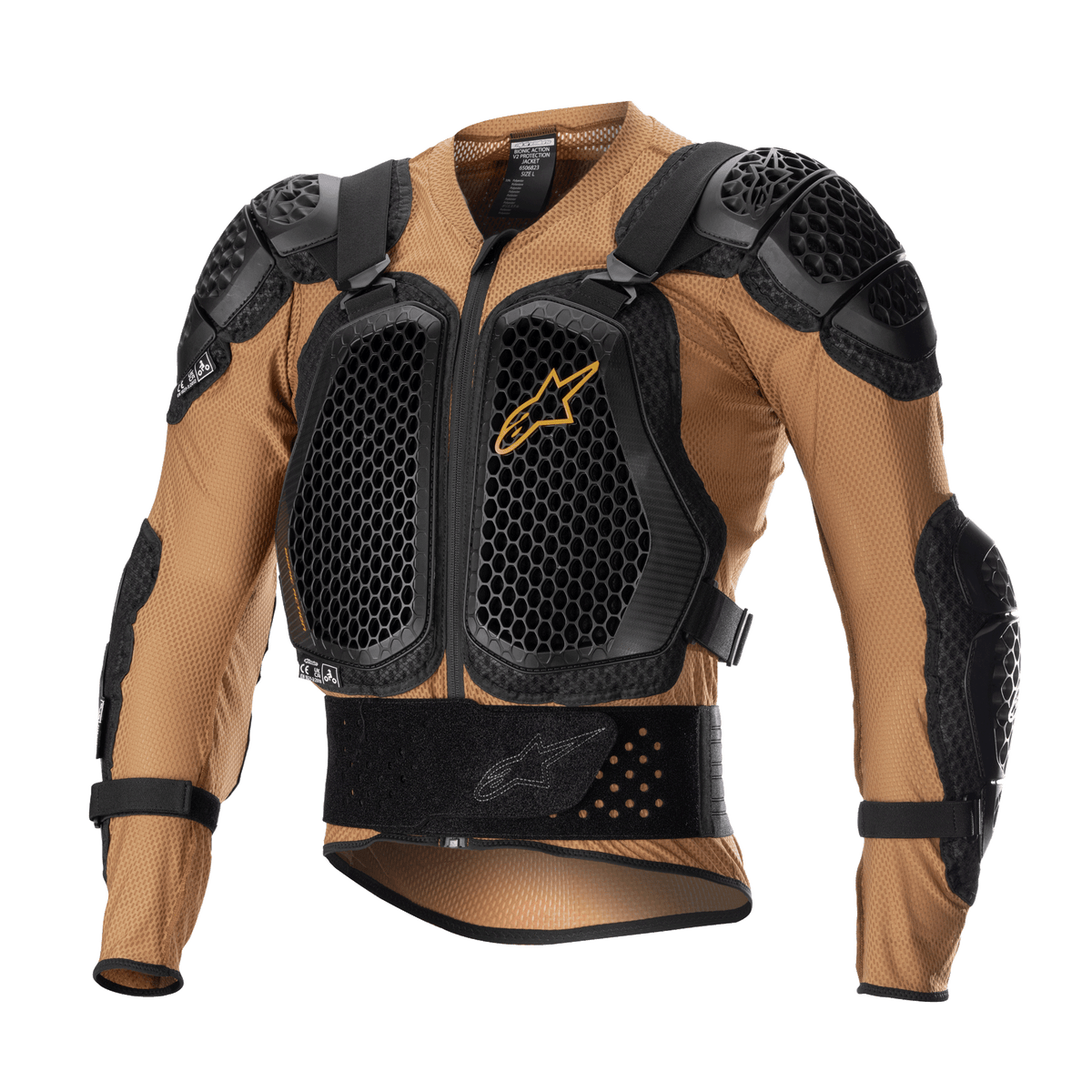 Alpinestars Bionic Action V2 Protection Jacket, Motorrad-Schutzjacke, Sand und Schwarz mit Tangerine-Akzenten, mit Brust- und Schulterplatten in Wabenstruktur-Cell-Technologie, atmungsaktive Mesh-Konstruktion, integrierter Nierengurt und verstellbare Riemen, CE-zertifiziert für Motocross und Offroad-Fahrten