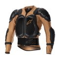 Alpinestars Bionic Action V2 Protection Jacket, Motorcycle Body Armor, Sand and Black with Tangerine accents, featuring honeycomb-patterned Cell Technology chest and shoulder plates, breathable mesh construction, integrated waist belt and adjustable straps, CE certified for motocross and off-road riding