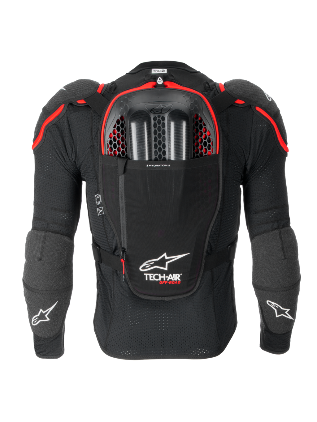 Alpinestars Tech-Air® Off-Road System, off-road motorcycle airbag system, back view in Black and Red, featuring an integrated Nucleon CELL back protector, hydration bladder compartment, and CE Level 1 protection