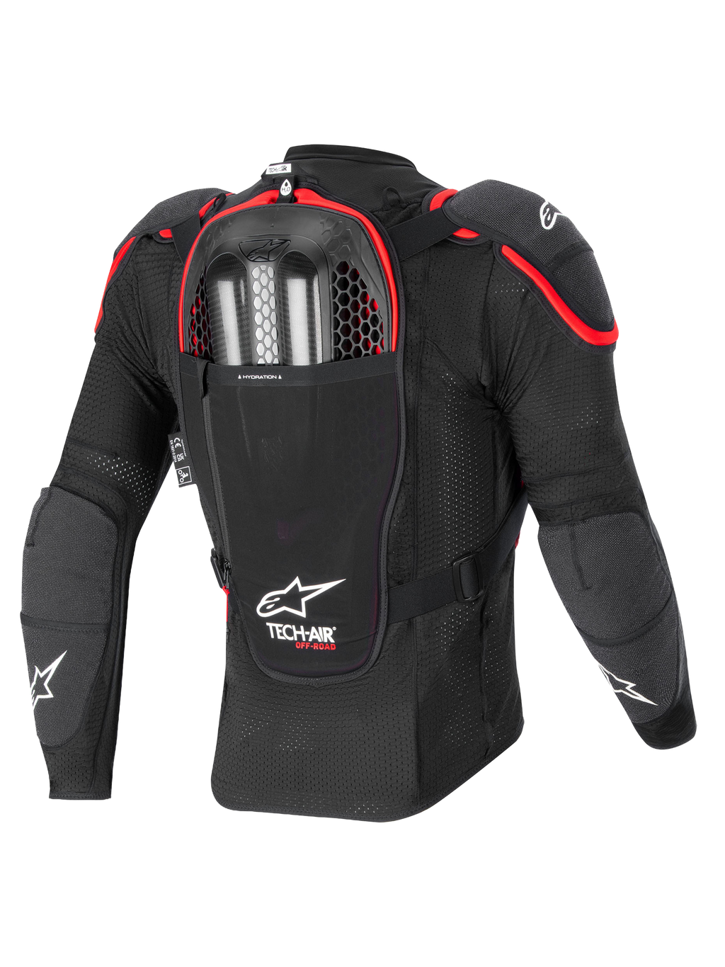 Alpinestars Tech-Air Off-Road System, off-road motorcycle airbag protection jacket, back view, black and red, featuring integrated Nucleon CELL back protector and dual-charge inflator compartment