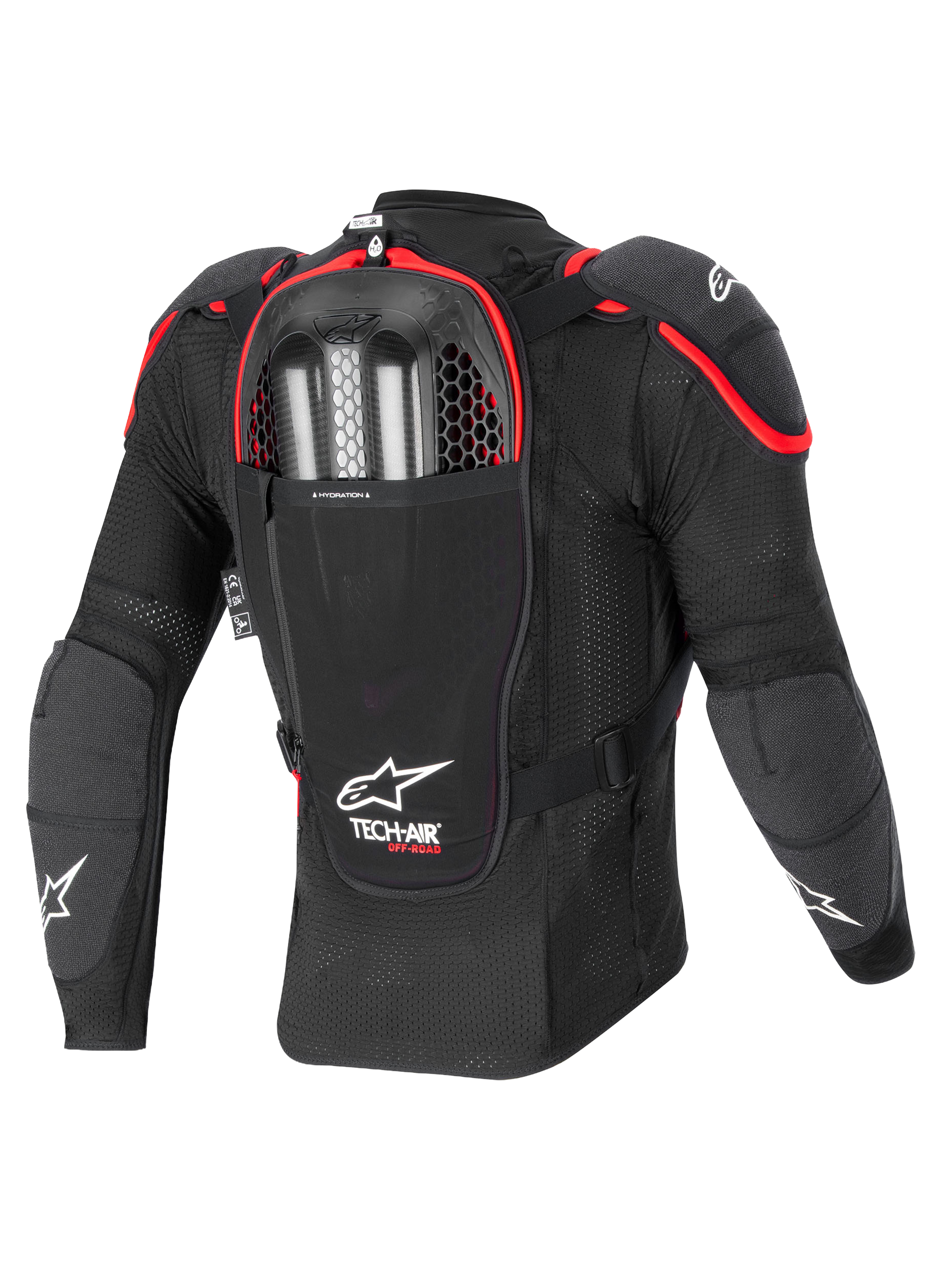Alpinestars Tech-Air Off-Road System, off-road motorcycle airbag protection jacket, back view, black and red, featuring integrated Nucleon CELL back protector and dual-charge inflator compartment