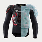 Tech-Air® Off-Road Airbag-System, geteilte Ansicht der schwarz-roten Schutzjacke mit blauem, aufgeblasenem Airbag-Overlay.
