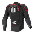 Tech-Air® Off-Road Airbag-System, Rückansicht, schwarz-rote Mesh-Schutzjacke mit Rückenprotektor und dualen Gasgeneratoren.