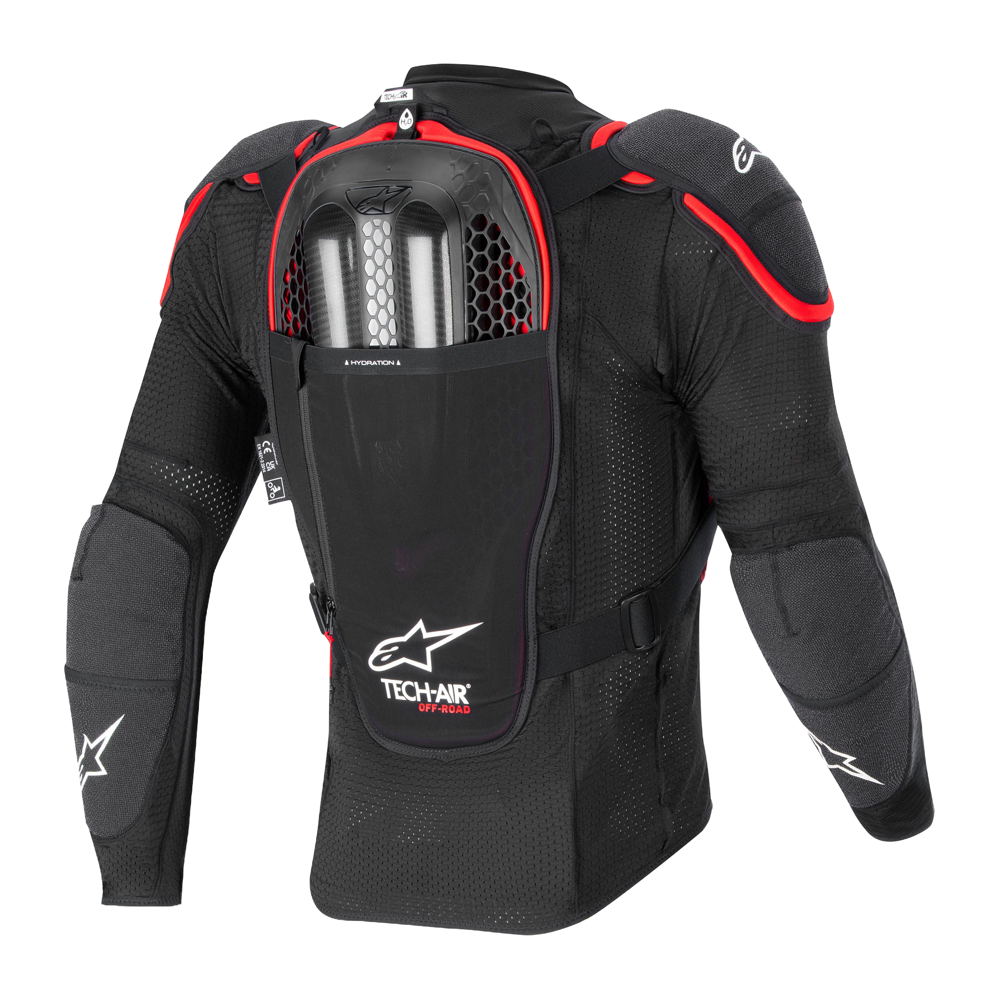 Tech-Air® Off-Road Airbag-System, Rückansicht, schwarz-rote Mesh-Schutzjacke mit Rückenprotektor und dualen Gasgeneratoren.