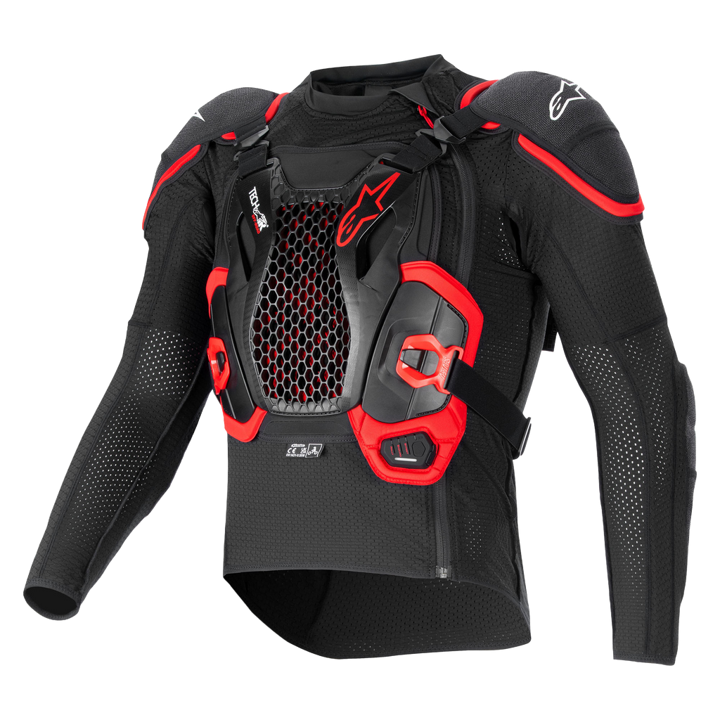 Alpinestars Tech-Air® Off-Road Airbag-System, schwarz-rote Schutzjacke mit Waben-Brustschutz und atmungsaktivem Mesh.