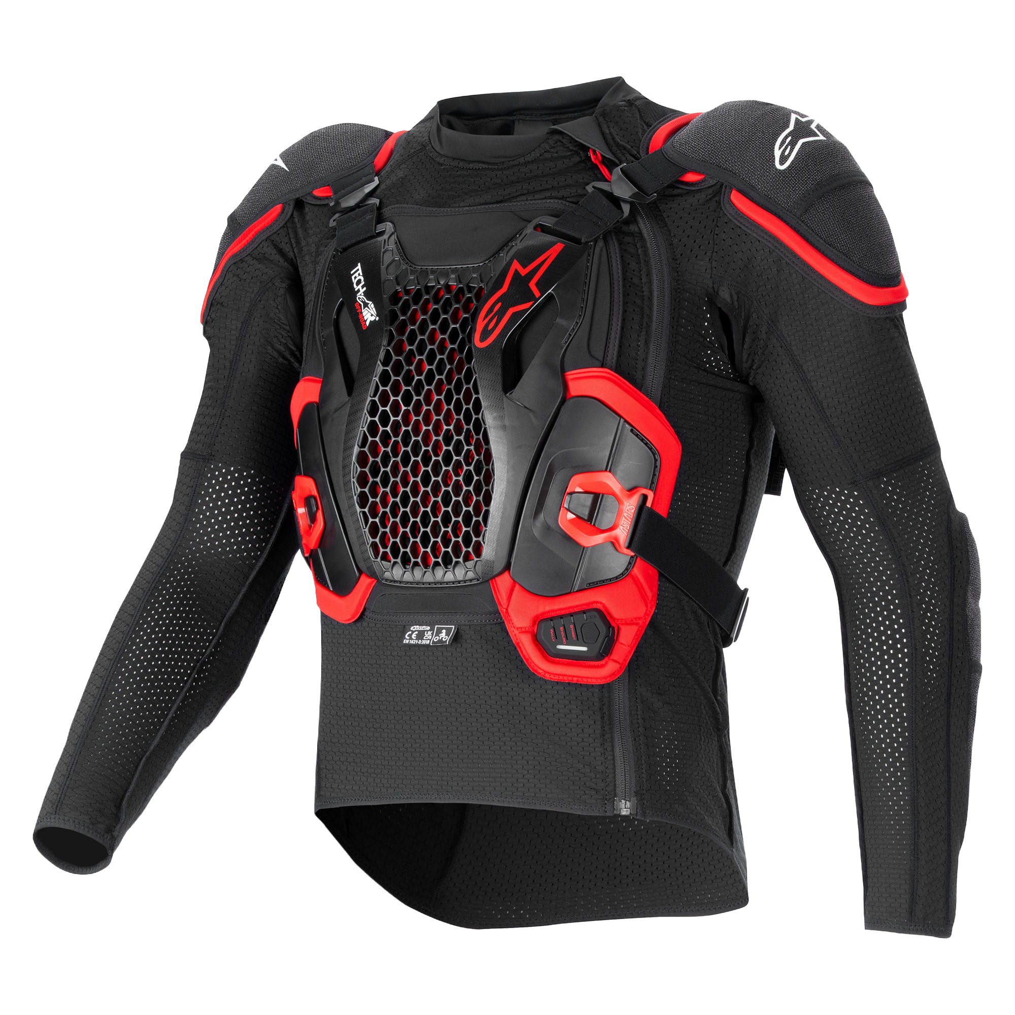 Alpinestars Tech-Air® Off-Road Airbag-System, schwarz-rote Schutzjacke mit Waben-Brustschutz und atmungsaktivem Mesh.