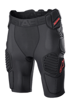 Alpinestars Bionic Pro Protection Shorts, Motocross Protective Shorts, Black and Red, featuring padded hip and thigh protection, breathable mesh sleeve, elastic waistband with red ASTARS logo, technical design for off-road impact protection