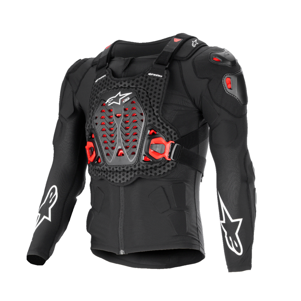 Alpinestars Bionic XTR Plasma Protection Jacket, Black with Red and White accents, Motorcycle Body Armor, breathable mesh-textured chassis, ventilated chest plate with red Nucleon PLASMA inserts, white star logos on sleeves, adjustable side buckles, high-impact off-road gear