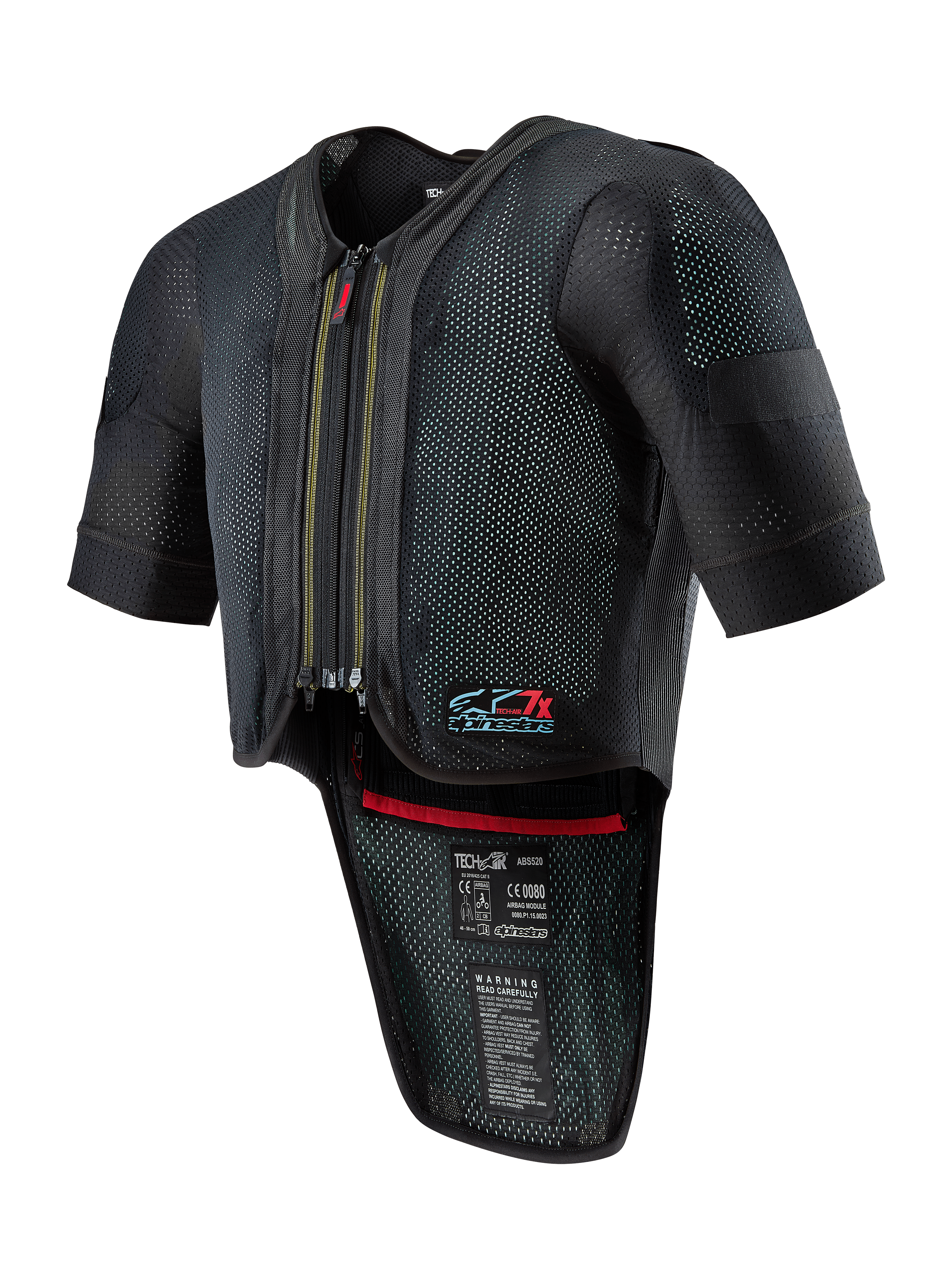 Alpinestars Tech-Air 7X System, Motorrad-Airbag-Weste, Schwarz, Reißverschluss vorne, belüftetes Mesh-Gewebe mit gepunkteter Textur, Kurzarm, verlängerter Rückenprotektor, rotes Innenfutter, Tech-Air 7X-Logo auf der Brust, entwickelt für Straßenrennen und Rennstrecken-Performance