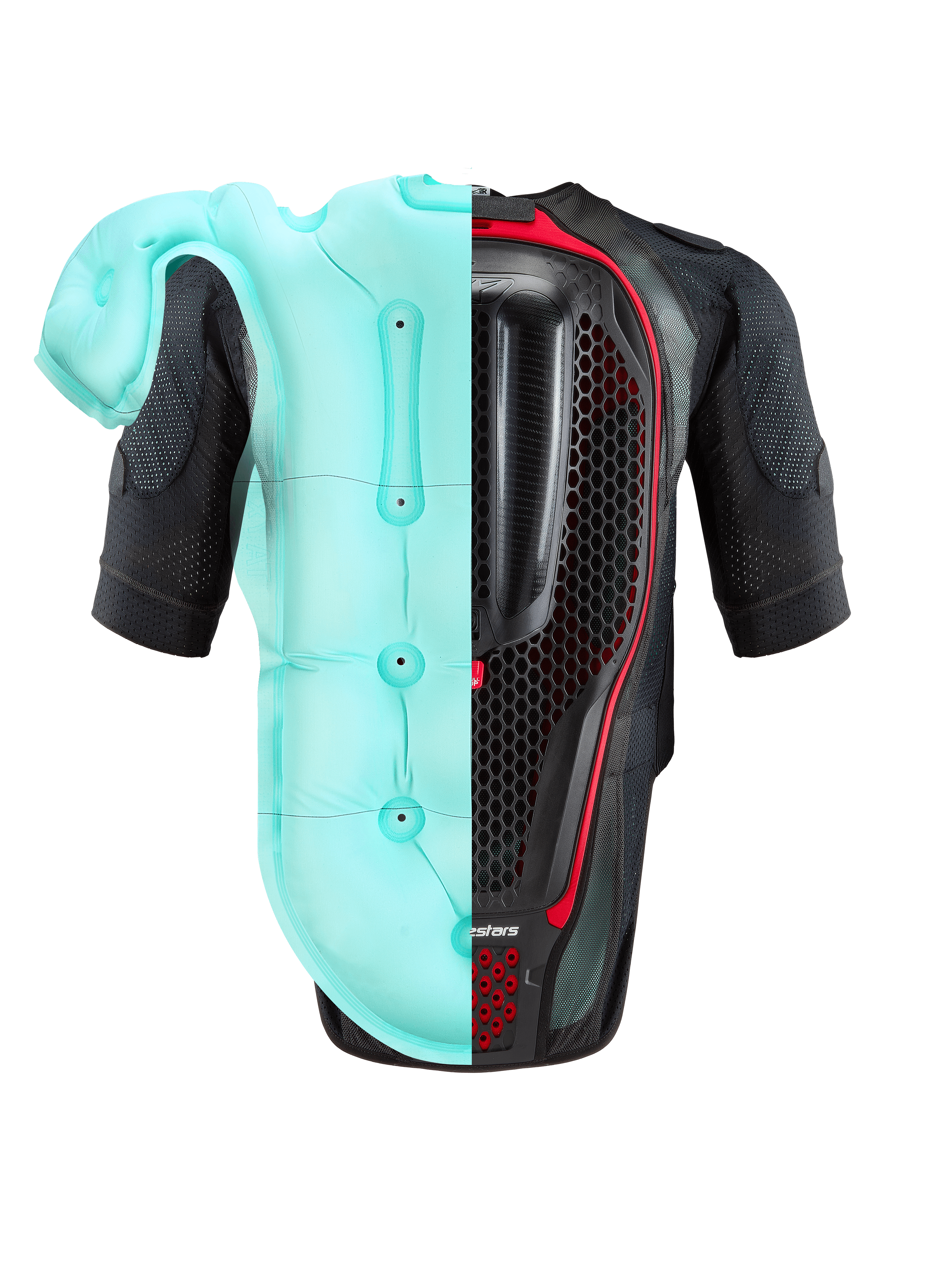 Alpinestars Tech-Air® 7X System, Motorcycle Airbag Vest, Black and Red, back view featuring a split visual of the light blue inflated airbag bladder and the internal honeycomb back protector, high-performance protection for track and street.
