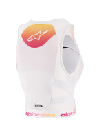 Alpinestars Woman Stella Plasma Chest Protector, Light Lilac Fade White, back view featuring a yellow and pink gradient graphic with white logo, white breathable mesh construction, and perforated side straps for off-road protection.