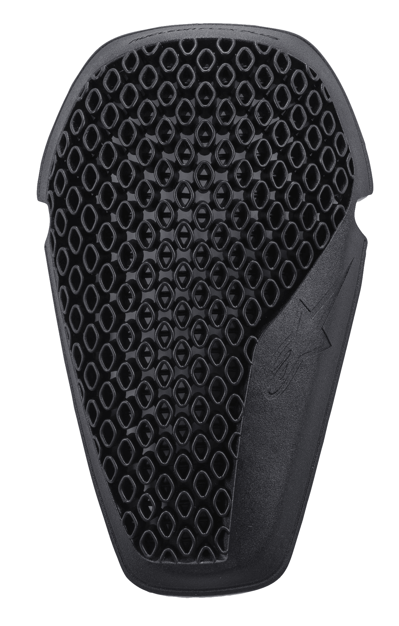 Alpinestars Nucleon Flex Plus Knee Protectors, Black, motorcycle armor insert featuring a ventilated open-cell honeycomb structure, ergonomic shape with embossed star logo, flexible and low-profile design for impact protection