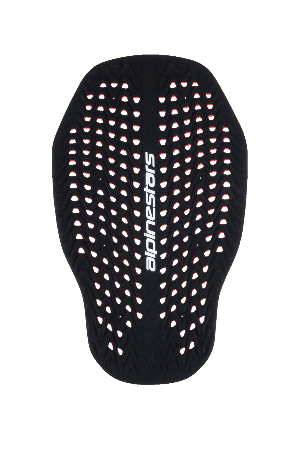 Alpinestars Nucleon Plasma Rückenprotektor-Einsatz, Motorrad-Rückenprotektor in Schwarz und Rot, hochperforierte Wabenstruktur für Belüftung, vertikaler weißer Alpinestars-Schriftzug, leichter und anpassungsfähiger Level 2 CE-zertifizierter Aufprallschutz