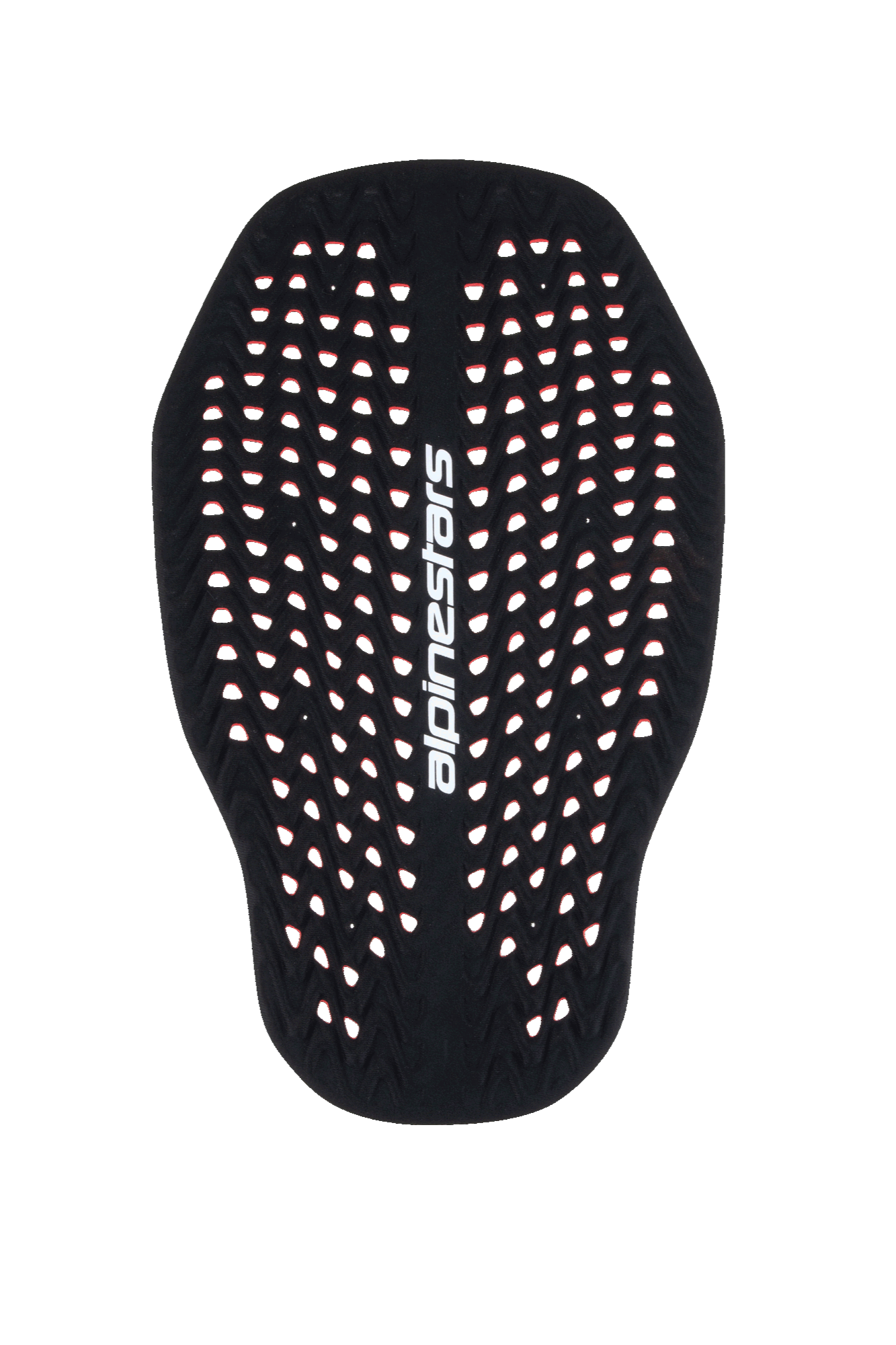 Alpinestars Nucleon Plasma Rückenprotektor-Einsatz, Motorrad-Rückenprotektor in Schwarz und Rot, hochperforierte Wabenstruktur für Belüftung, vertikaler weißer Alpinestars-Schriftzug, leichter und anpassungsfähiger Level 2 CE-zertifizierter Aufprallschutz