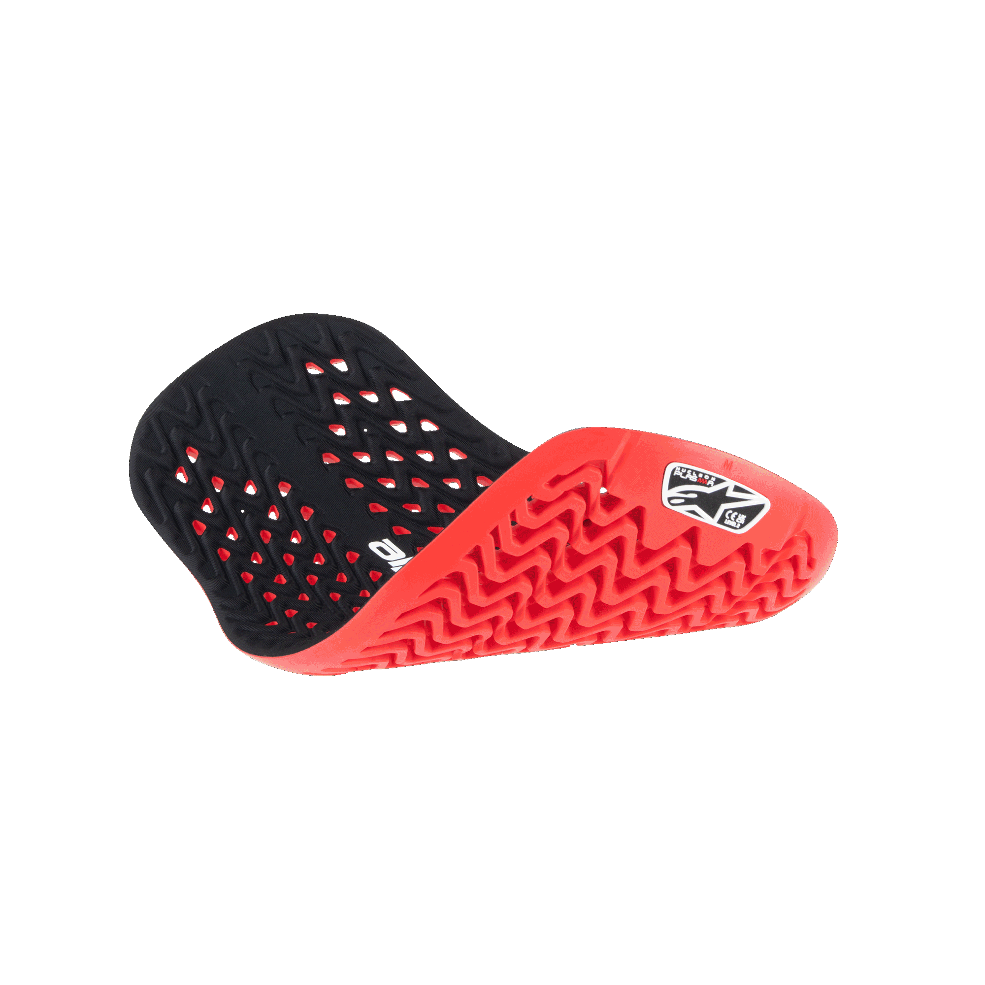 Alpinestars Nucleon Plasma Rückenprotektor-Einsatz, Rot und Schwarz, in gefalteter Position zur Veranschaulichung der Flexibilität, mit perforierter schwarzer Innenseite und strukturierter roter Außenseite mit Zick-Zack-Muster und weißem Alpinestars-Logo, leichter und belüfteter Motorradschutz