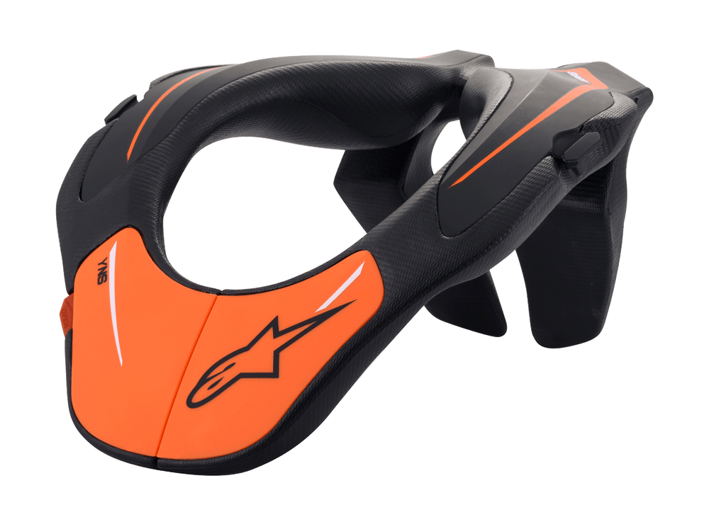 Alpinestars Youth Neck Support, Motocross Neck Brace, Black and Orange, ergonomic injected polymer frame with textured surface, protective gear for young riders and off-road racing