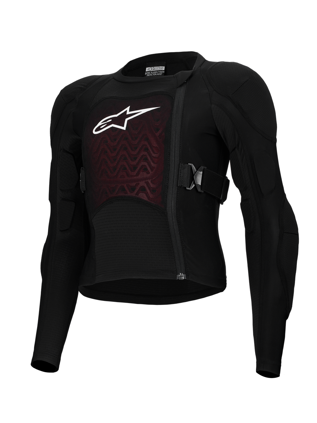 Alpinestars Bionic Plasma LT Jugend-Schutzjacke, Schwarz und Rot, Motorrad-Schutzausrüstung, gepolsterte Schultern und Ellbogen, versetzter Frontreißverschluss, verstellbare Seitenriemen, strukturiertes Brustpaneel mit weißem Logo