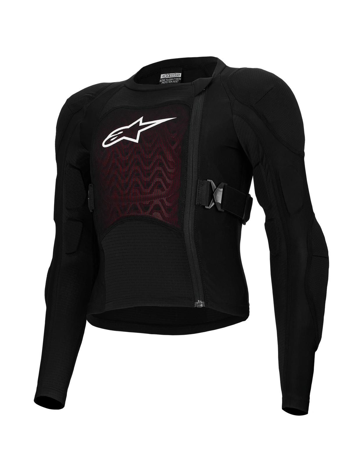 Alpinestars Bionic Plasma LT Jugend-Schutzjacke, Schwarz und Rot, Motorrad-Schutzausrüstung, gepolsterte Schultern und Ellbogen, versetzter Frontreißverschluss, verstellbare Seitenriemen, strukturiertes Brustpaneel mit weißem Logo