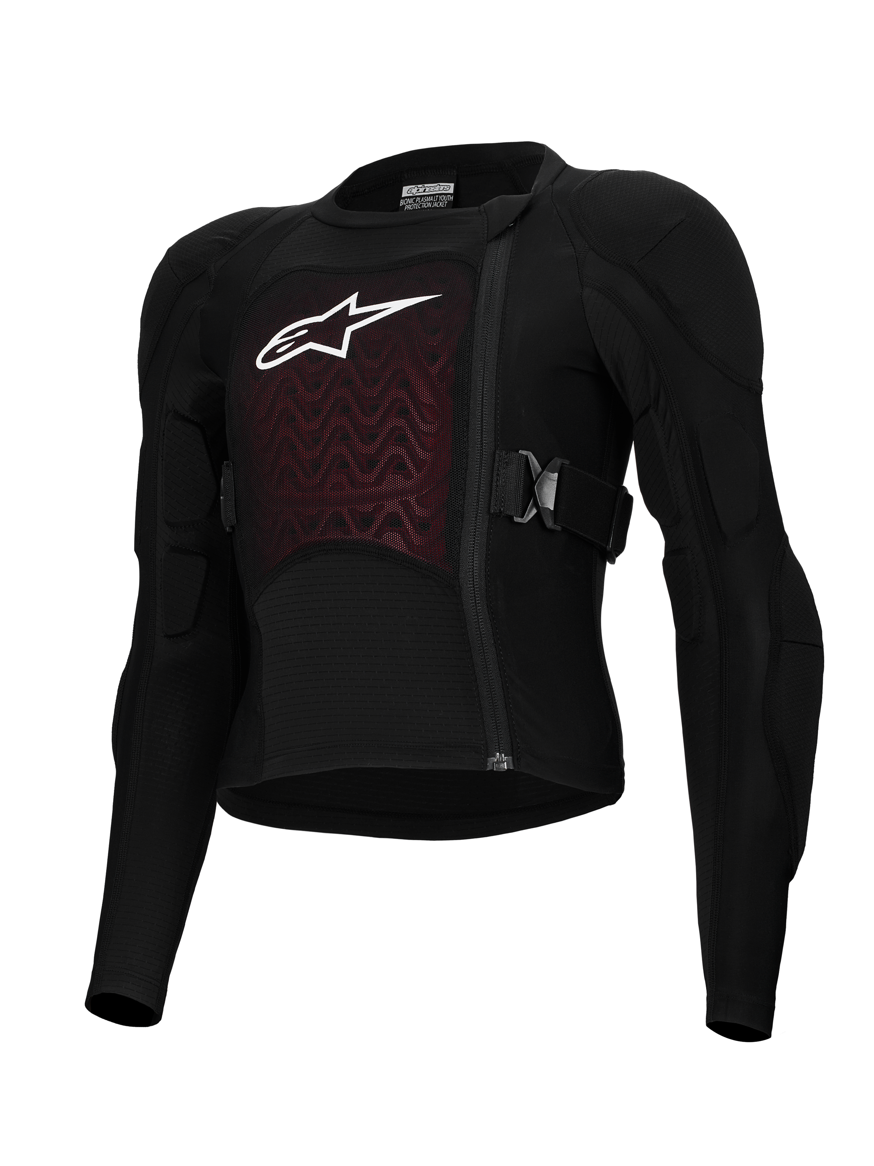 Alpinestars Bionic Plasma LT Jugend-Schutzjacke, Schwarz und Rot, Motorrad-Schutzausrüstung, gepolsterte Schultern und Ellbogen, versetzter Frontreißverschluss, verstellbare Seitenriemen, strukturiertes Brustpaneel mit weißem Logo