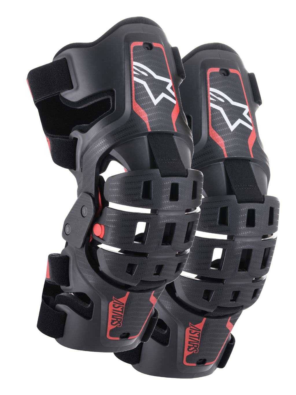 Alpinestars Youth Bionic 5S Knieorthesen, Motocross-Knieschutz, Schwarz und Rot, Paar Protektoren mit Hybrid-Rahmendesign und belüfteten Schalen, weißes Astar-Logo oben, rotes ASTARS-Branding unten und verstellbare schwarze Riemen für sicheren Halt.