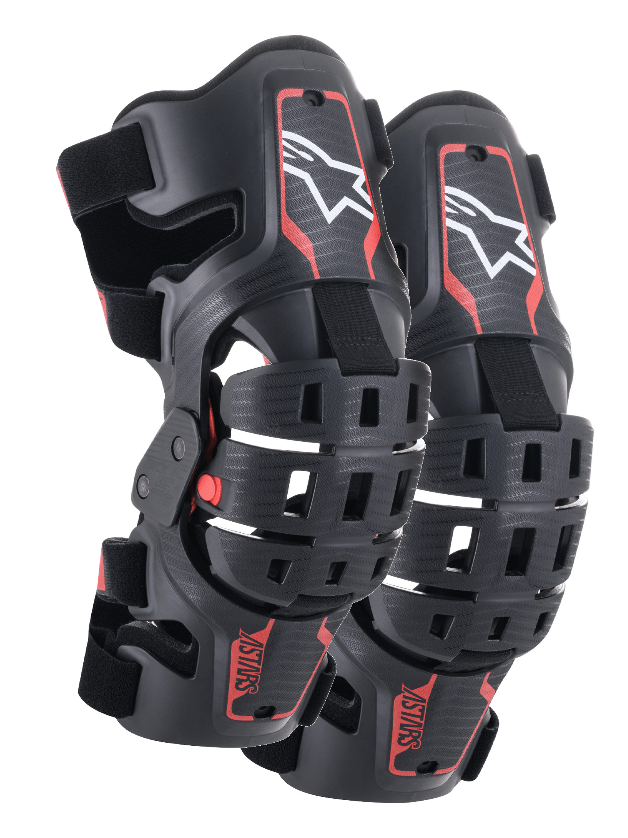 Alpinestars Youth Bionic 5S Knieorthesen, Motocross-Knieschutz, Schwarz und Rot, Paar Protektoren mit Hybrid-Rahmendesign und belüfteten Schalen, weißes Astar-Logo oben, rotes ASTARS-Branding unten und verstellbare schwarze Riemen für sicheren Halt.