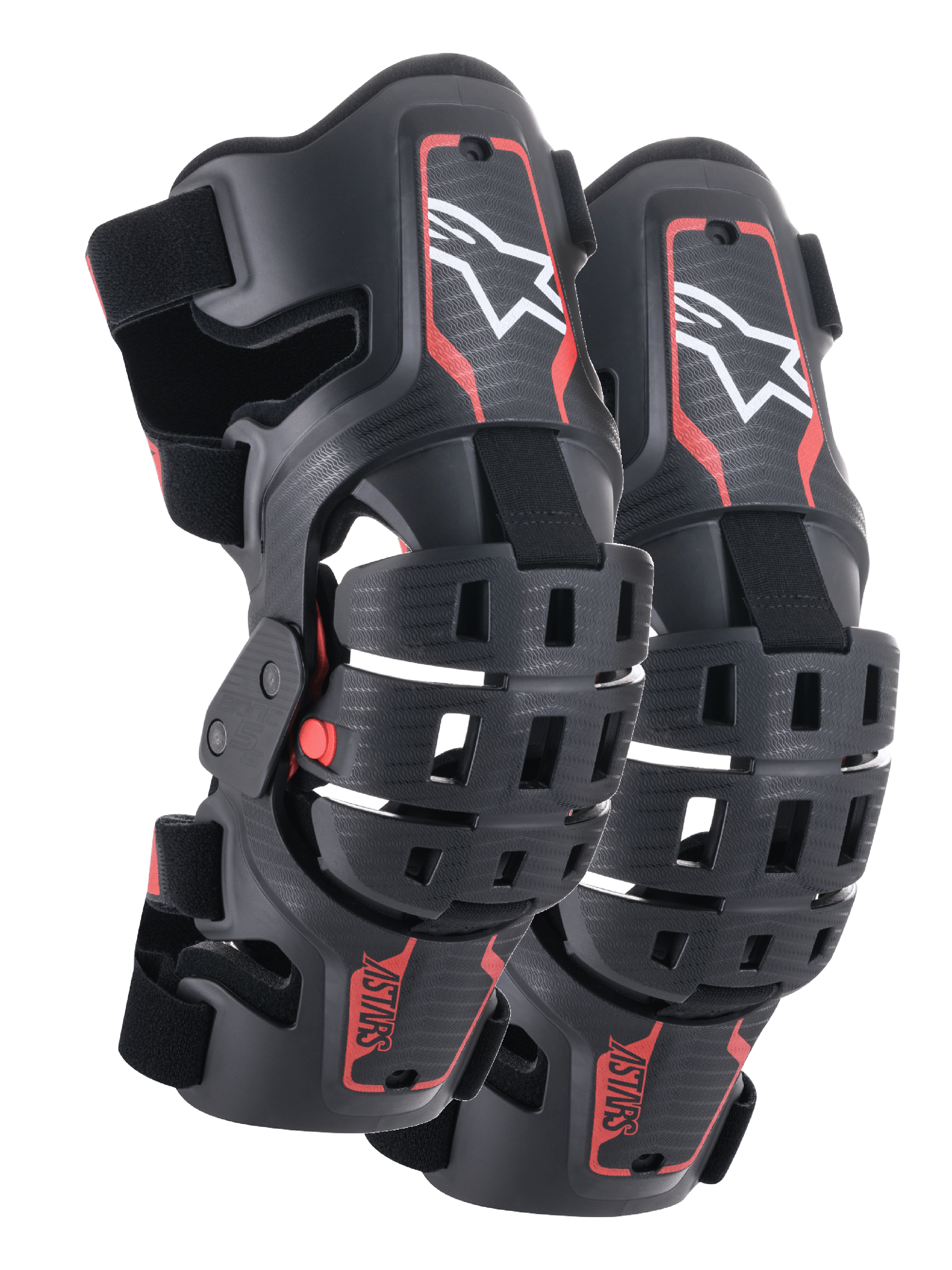 Alpinestars Youth Bionic 5S Knee Braces, Motocross Knee Protection, Black and Red, pair of protectors featuring a hybrid frame design with ventilated shells, white Astar logo on the upper section, red ASTARS branding on the lower section, and adjustable black straps for a secure fit.