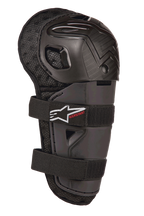 Alpinestars Bionic Action Kickstart Knee Guard, Youth Motocross Knee and Shin Protector, Black, featuring articulated plastic shell, double elasticated strap closure with white logo and red Kickstart branding, padded mesh backing for off-road protection