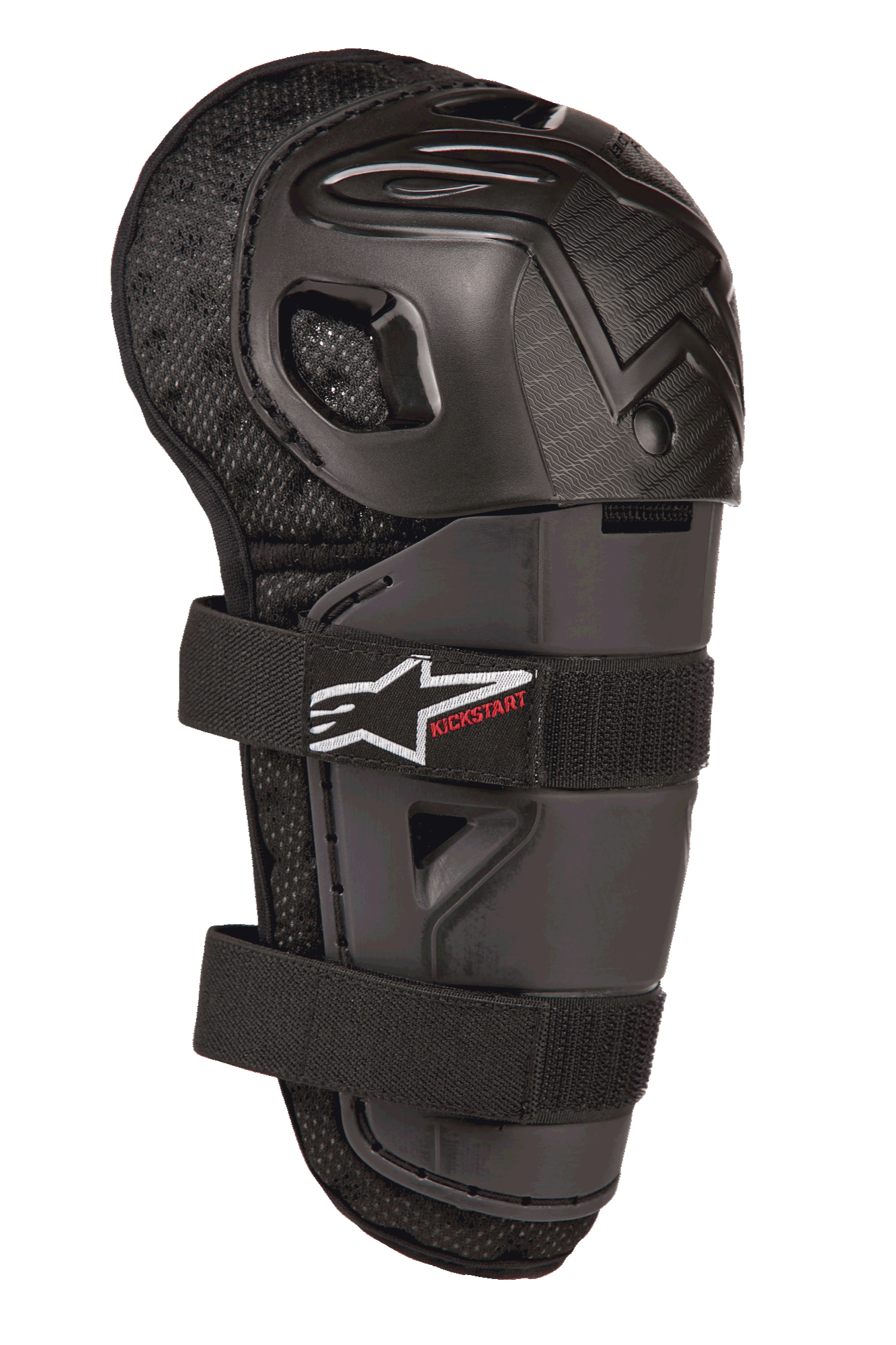 Alpinestars Bionic Action Kickstart Knee Guard, Youth Motocross Knee and Shin Protector, Black, featuring articulated plastic shell, double elasticated strap closure with white logo and red Kickstart branding, padded mesh backing for off-road protection