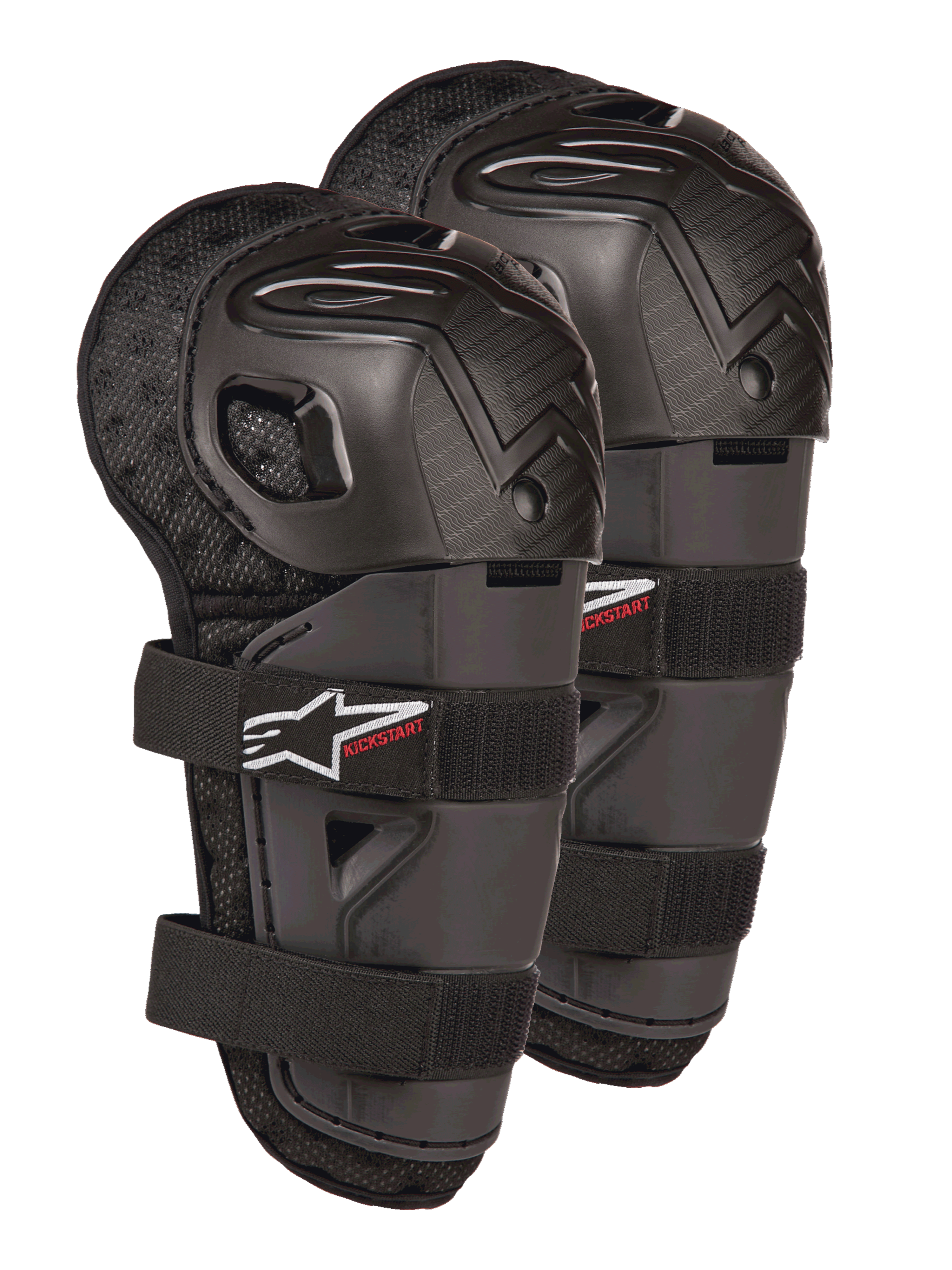Alpinestars Bionic Action Kickstart Knieschützer, Jugend-Motocross-Knie- und Schienbeinschützer, Schwarz mit rotem KICKSTART-Logo, artikulierte Kunststoffschale und doppelte elastische Riemen, Schutzausrüstung für junge Offroad-Fahrer