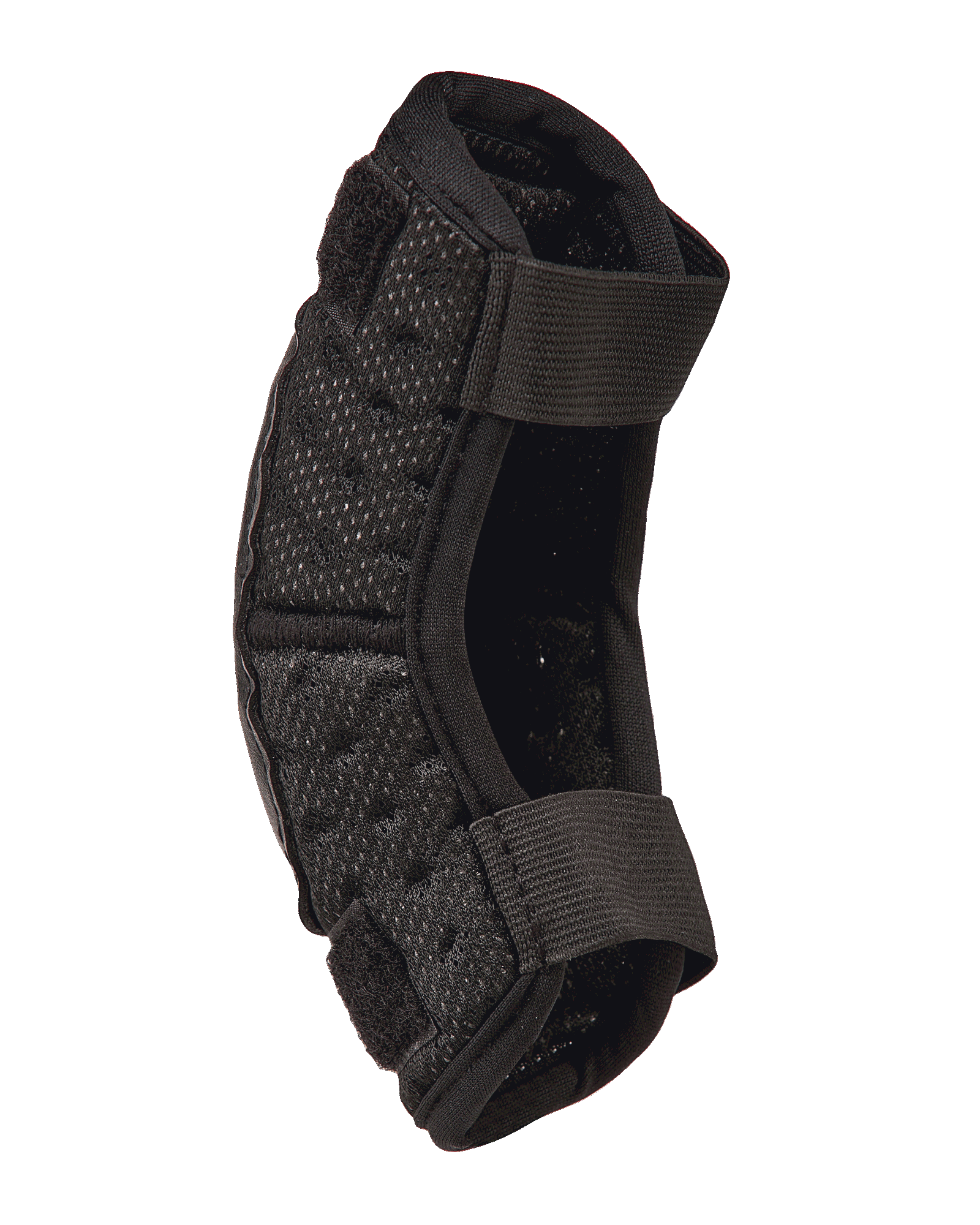 Alpinestars Youth Bionic Action Kickstart Elbow Guard, Black motocross elbow protector, profile view showing double elasticated straps and flexible perforated padding, durable off-road protective gear for kids