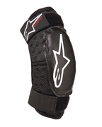 Alpinestars Youth Bionic Action Kickstart Elbow Guard, Black, protective youth elbow pad with white star logo and red Kickstart branding, double adjustable straps with Velcro, breathable mesh fabric, ergonomic design for motocross and action sports
