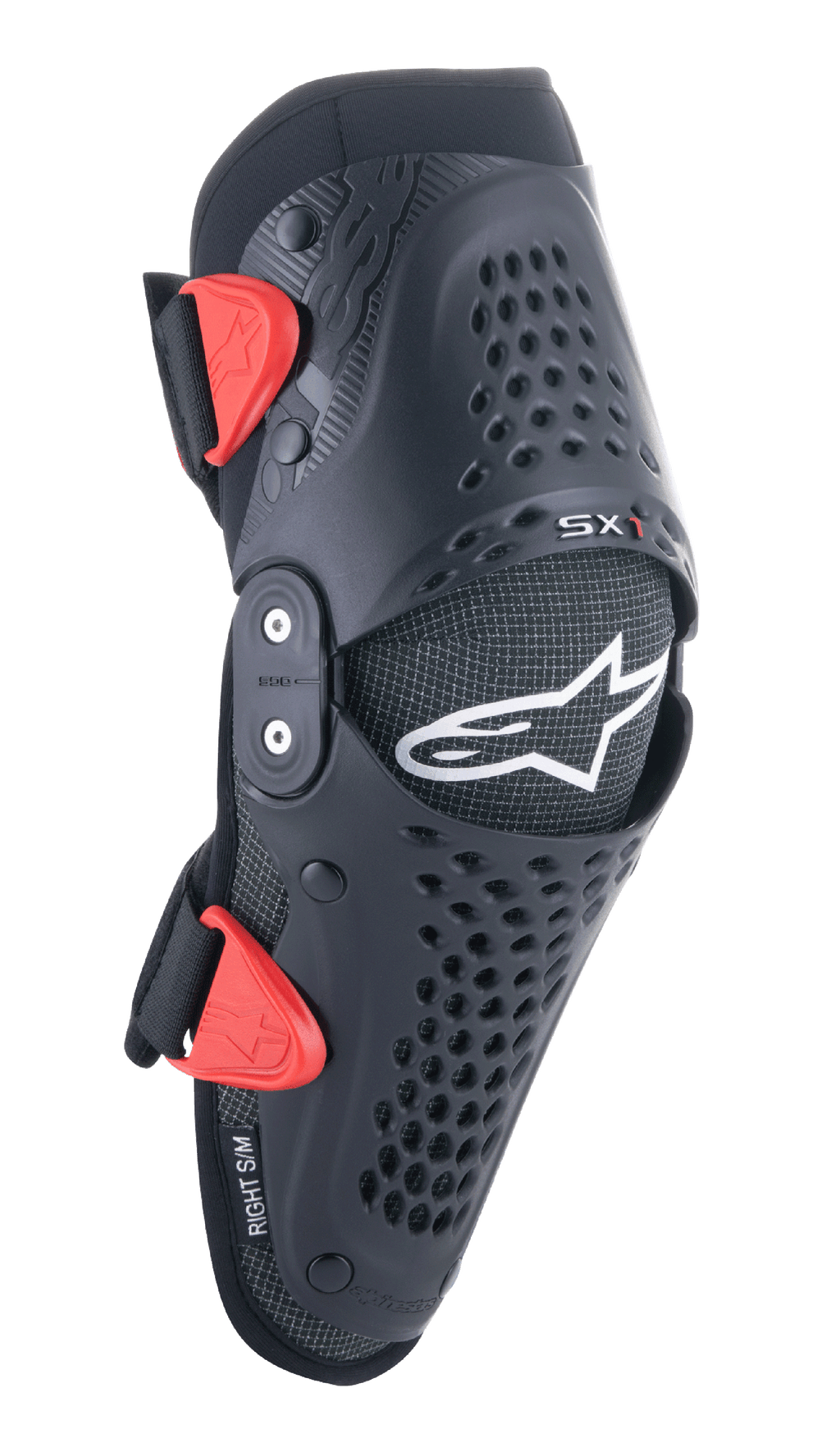 Alpinestars Youth SX-1 Knieschützer, Motocross-Knieprotektoren, Schwarz und Rot, mit perforierten Belüftungsöffnungen, Doppelgelenk-System, verstellbare Riemen mit roten Schnallen, weißes Stern-Logo, Offroad-Schutzausrüstung für Jugendliche