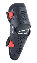 Alpinestars Youth SX-1 Knieschützer, Motocross-Knieprotektoren, Schwarz und Rot, mit perforierten Belüftungsöffnungen, Doppelgelenk-System, verstellbare Riemen mit roten Schnallen, weißes Stern-Logo, Offroad-Schutzausrüstung für Jugendliche