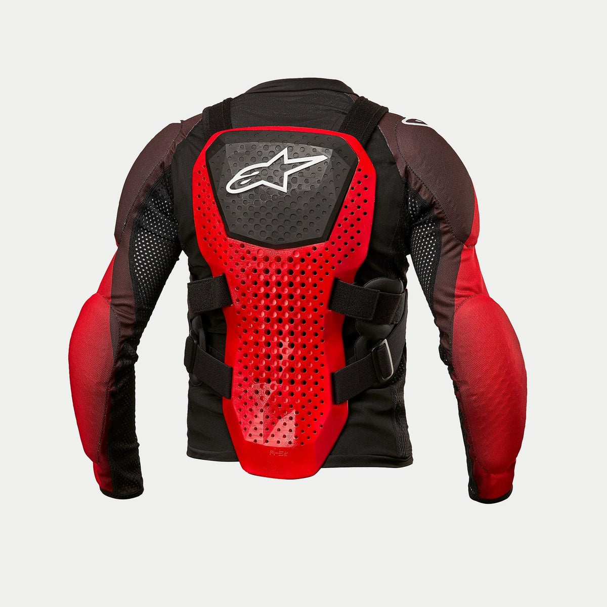 Alpinestars Youth Bionic Tech Protection Jacket, Youth Motocross Protection, Black White and Red, back view showing large red perforated back protector with white logo, black mesh base layer, and red elbow padding, designed for off-road racing