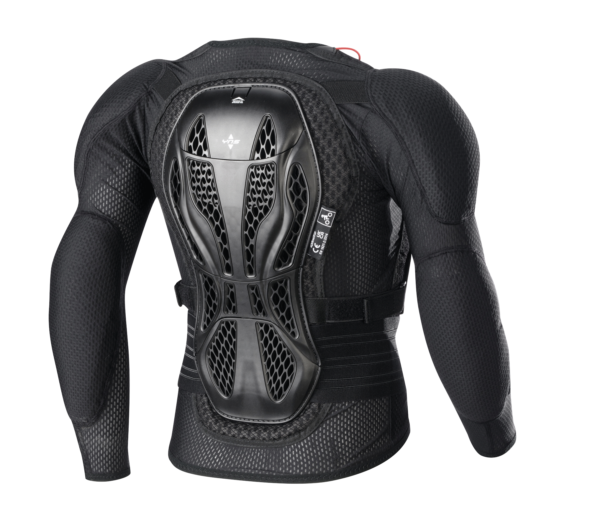Alpinestars Jugend-Bionic Action V2 Schutzjacke, Schwarz, Rückansicht, dreiteiliger Cell Technology Rückenprotektor, hochbelüftetes Mesh-Gewebe, integrierter Schulter- und Ellbogenschutz, Schutzausrüstung für den Jugend-Offroad-Sport