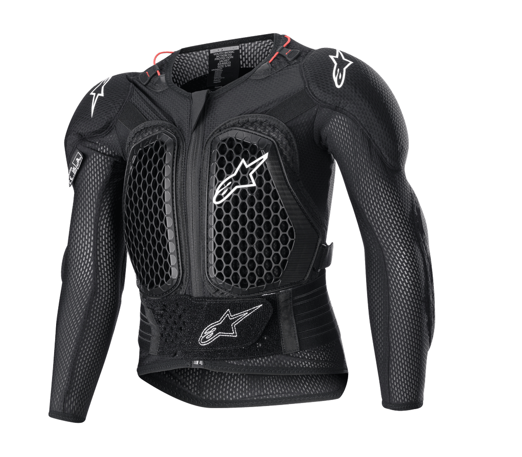 Alpinestars Youth Bionic Action V2 Schutzjacke, Motocross-Protektorenjacke, Schwarz mit weißen Logos und roten Akzenten, Wabenmuster-Belüftung an Brust und Schultern, verstellbarer Taillengurt, strapazierfähiger Aufprallschutz für junge Fahrer