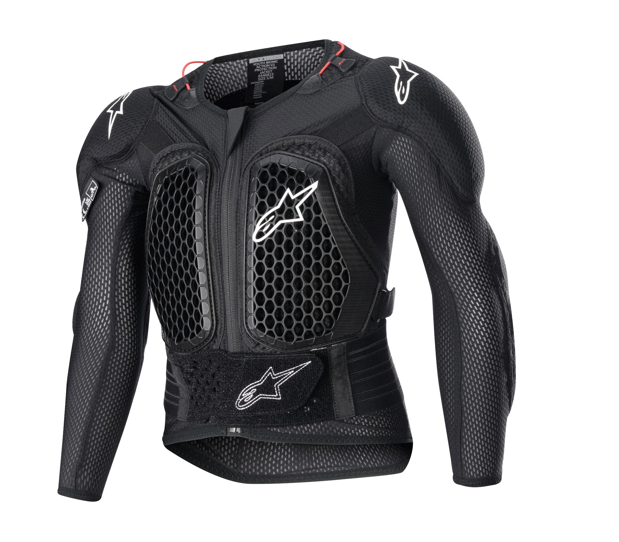 Alpinestars Youth Bionic Action V2 Schutzjacke, Motocross-Protektorenjacke, Schwarz mit weißen Logos und roten Akzenten, Wabenmuster-Belüftung an Brust und Schultern, verstellbarer Taillengurt, strapazierfähiger Aufprallschutz für junge Fahrer