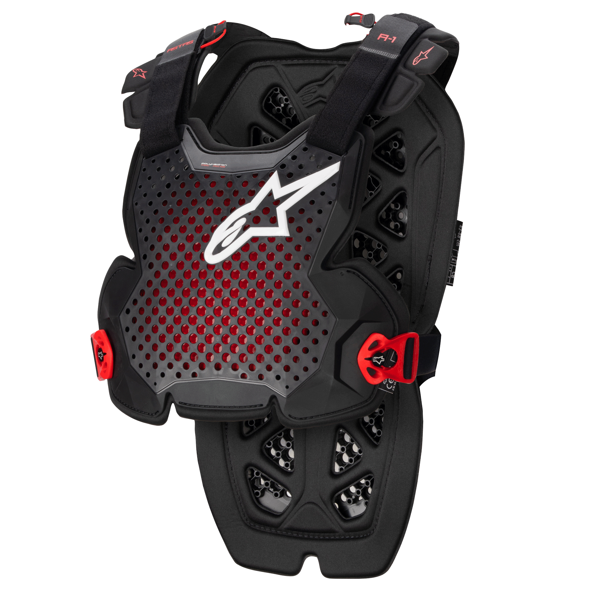 Alpinestars A-1 Pro Brustpanzer, Anthrazit, Schwarz und Rot, perforiertes, atmungsaktives Design mit weißem Logo, verstellbare Gurte mit roten Schnallen, hexagonales Belüftungsmuster, leichter Schutz für Motocross und Offroad-Fahrten