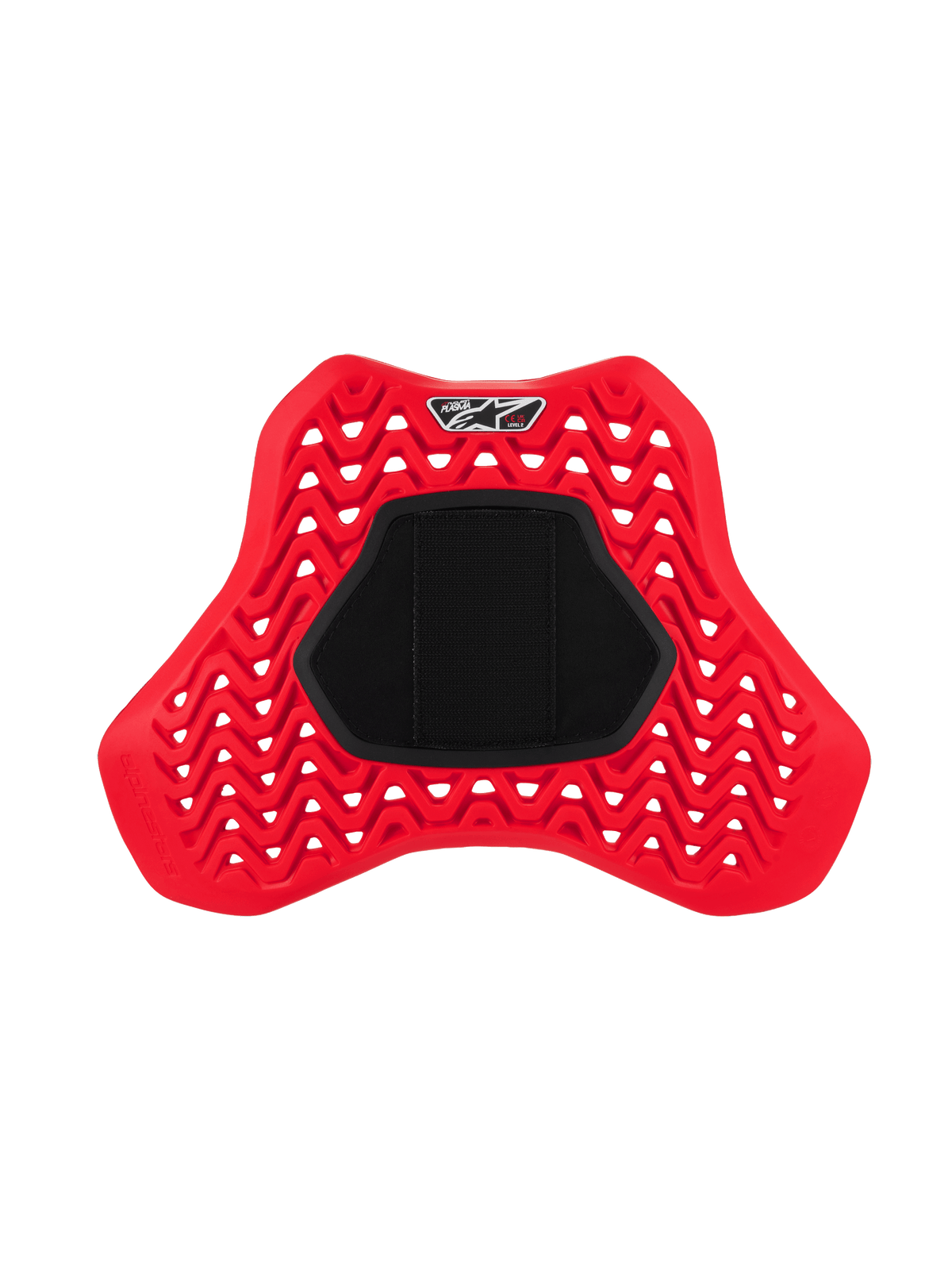Alpinestars Nucleon Plasma Full Chest Protector Hook and Loop, Red and Black, featuring a perforated zigzag design for airflow, large black central hook and loop panel, ergonomic shield-shaped motorcycle armor insert for impact protection